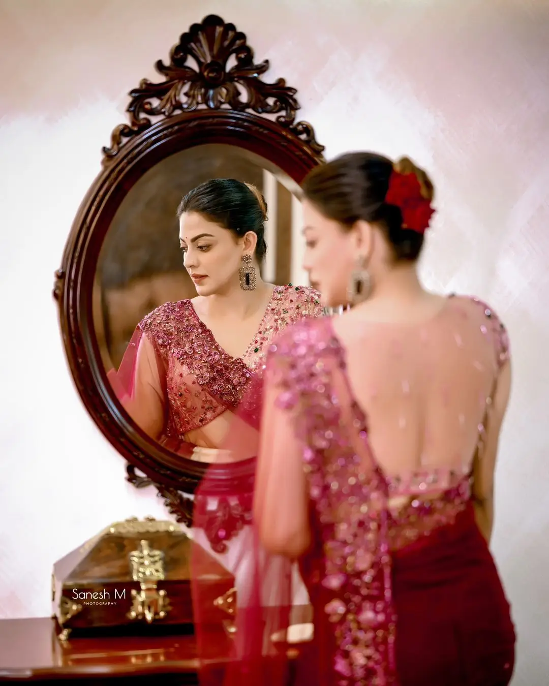 Anusree Nair In South Indian Traditional Maroon Saree Blouse